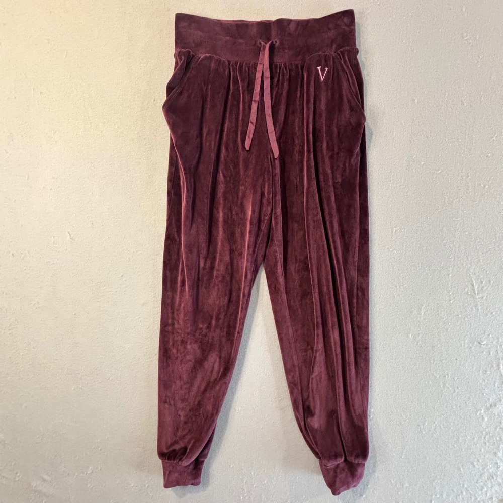 Victoria's Secret Velour Jogger Pants Burgundy Plum Lounge V Logo Small